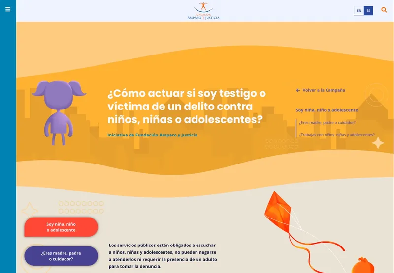 Página del minisitio para niñas, niños y adolescentes, con su propia paleta y personaje